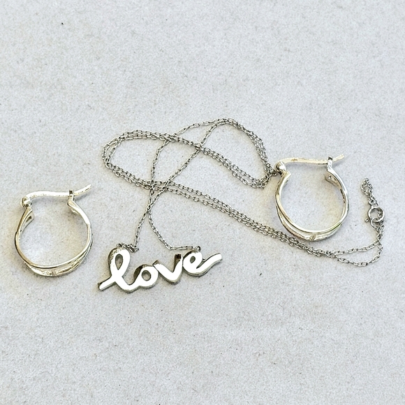 SET! 925 Silver Cursive Love Pendant with 925 Silver Hoop Earrings SET! - Picture 7 of 16